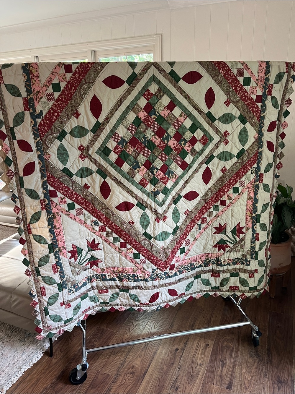 Handmade Patchwork Quilt in Cream, Red, and Green